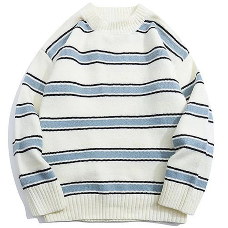

Striped Harajuku Oversized Sweater 2022 Autumn New Japanese Style Round Neck Spliced Color Loose Couples Hip Hop Knitted Sweater
