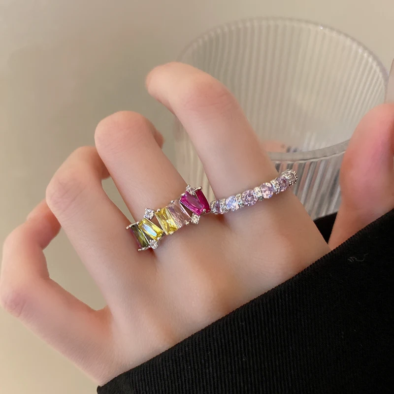 

DREJEW Colourful Cubic Zirconia Open Rings for Girls Inlay Geometric Squares Wedding Bands Romantic Heart Shape Valentine's Ring