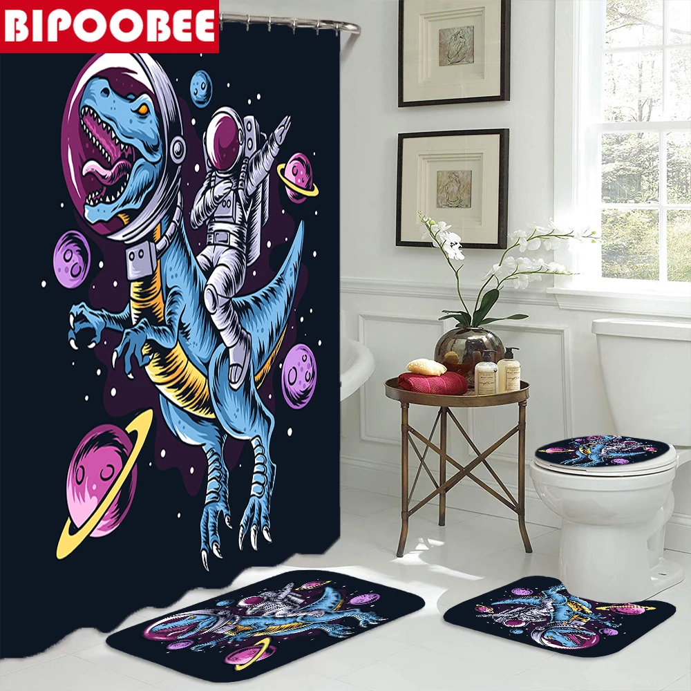 

Space Dinosaur Astronaut Print Shower Curtains Bathroom Curtain Pedestal Rugs Toilet Cover Lid Bath Mats Non-slip Carpet