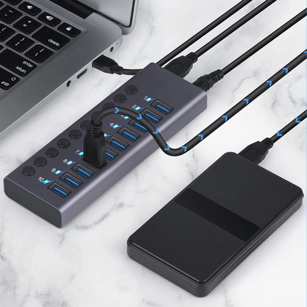 

10 Port USB 3.0 Hub Multi USB Splitter Power Adapter Multiple Expander 3.0 with Switch for Office PC Laptop Accessories