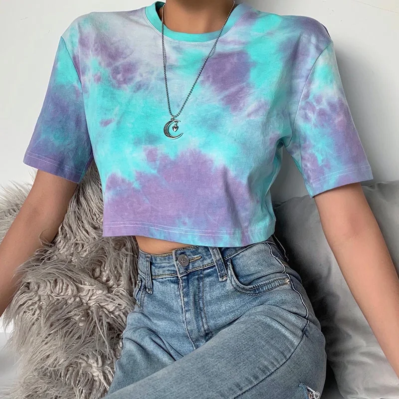 Summer Fashion Womens T-shirt Tie-dye Short-sleeved O-neck Top Casual Loose T-shirt Ladies Neon Print Short T-shirt Clothes