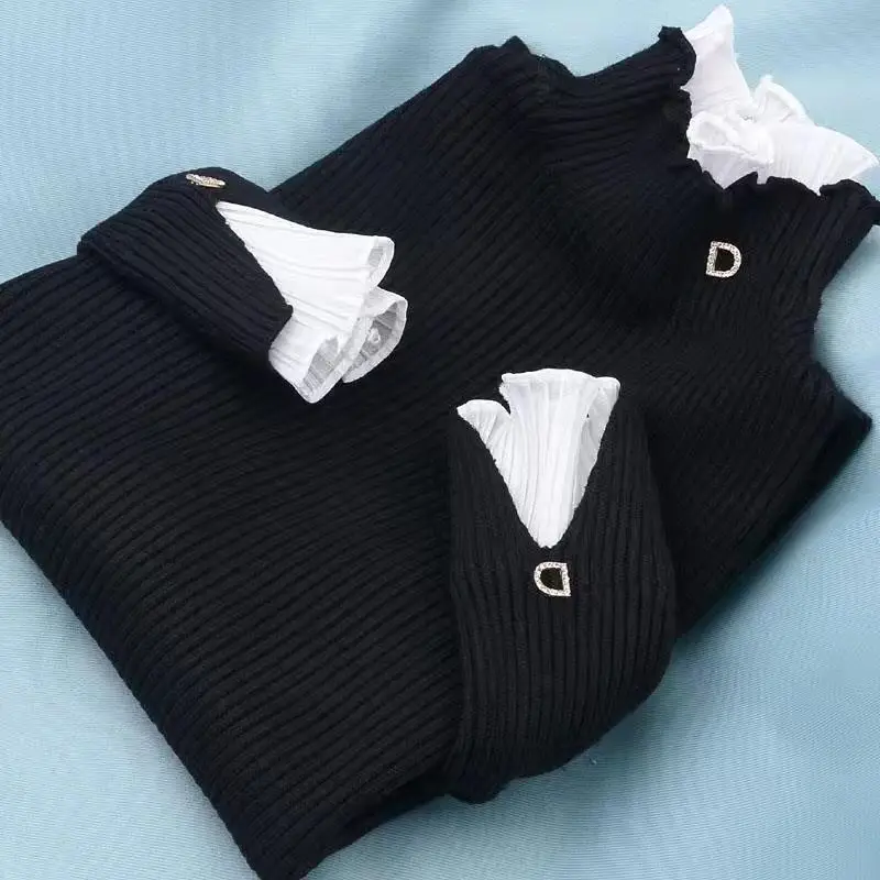 

Sweater Woman Women's Chandails Short Sweaters Ruffled Hiver Pull Femme Winter Autumn Turtleneck Lace Turtleneck Sweater Short