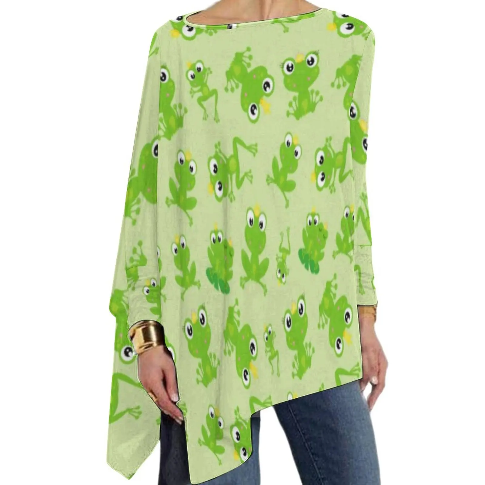 

Cute Frog T-Shirt Green Animal Print Modern Long Sleeve T-Shirts Casual Loose Oversized Tees Female Fashion Tops Gift