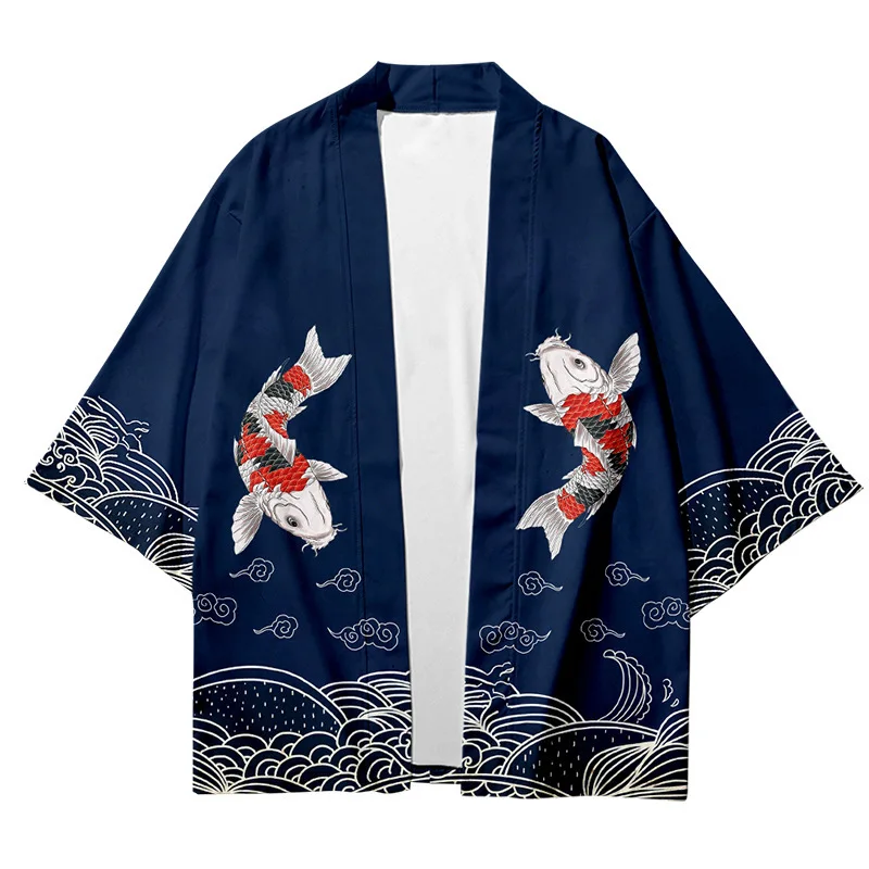 

Summer Kimono National Tide Men's Seven-Point Shirt Robe Cardigan Loose Male Yuori Osaka Kumaji Japanese Koi Clothing