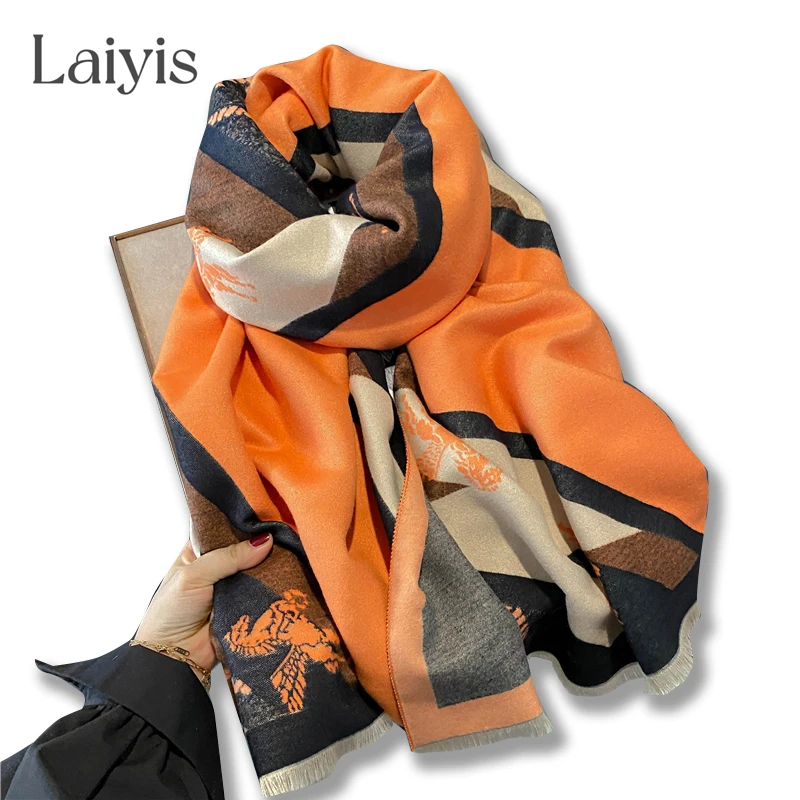 

Design Winter Cashmere Scarf for Women Thick Blanket Shawl Luxury Wrap Horse Pashmina Warm Neckerchief Female Bufanda Echarpe