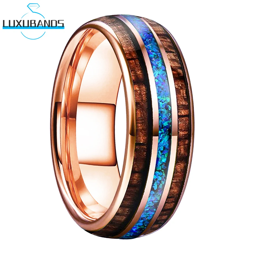 

Rose Gold Tungsten Wedding Ring For Women Men 8mm Blue Opal Two Grooved Koa Wood Inlay Polished Finish High Quality Comfort Fit