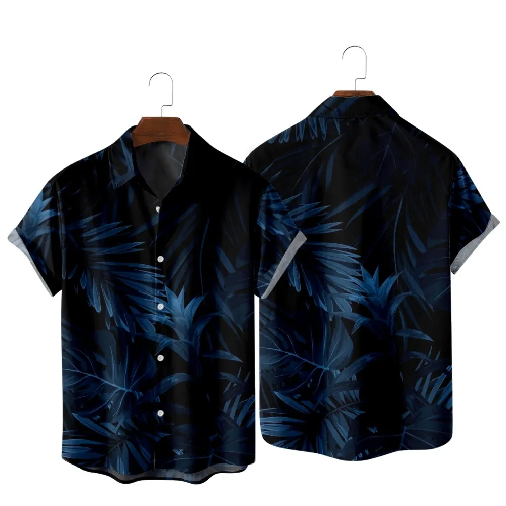 

2022 Fashion Casual Hawaiian Sand Beach Vintage Shirt, Late Night Blue Palm Leaf Vintage Print, Men's Summer Style Shirt
