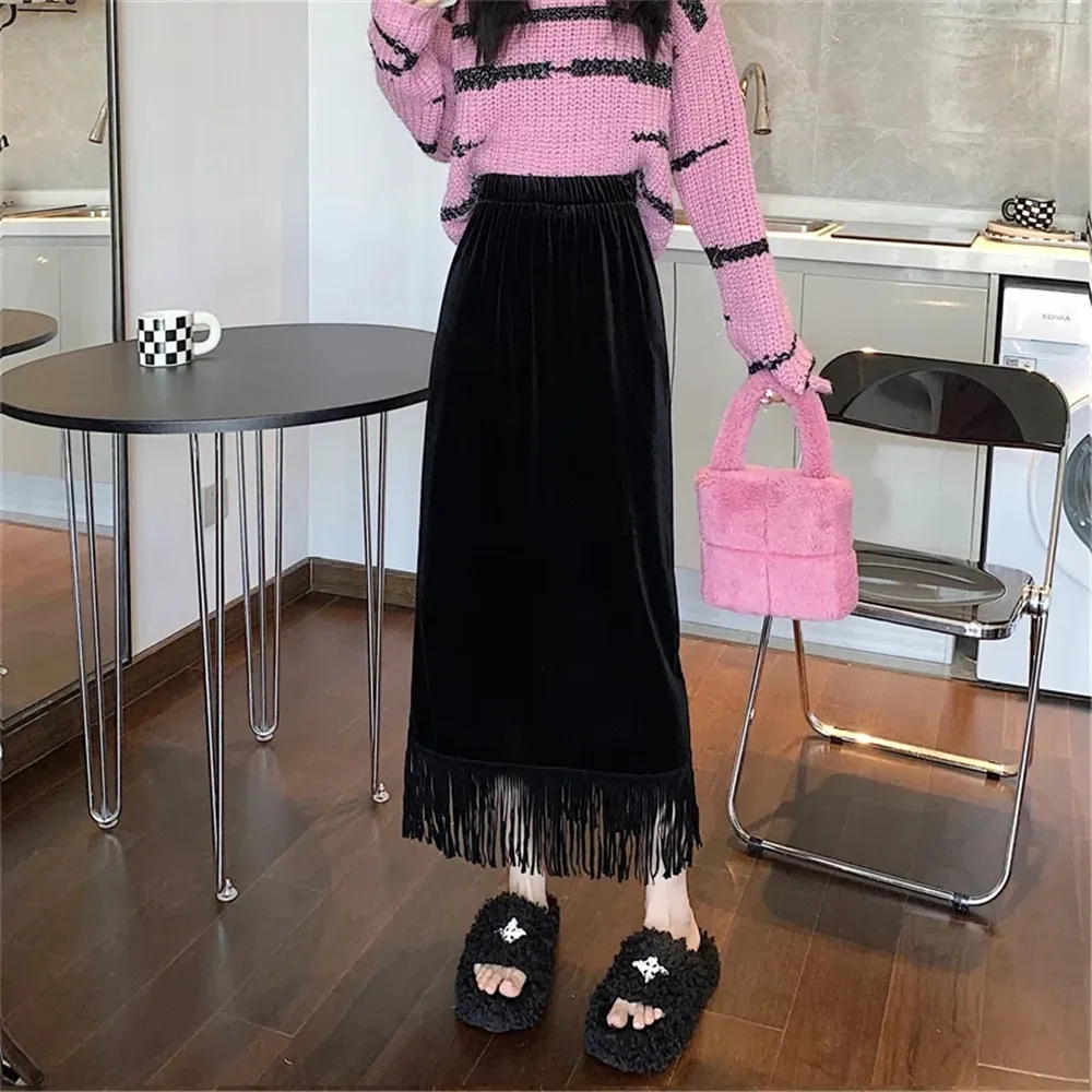 

Женская бархатная юбка с кисточками, облегающая длинная юбка с высокой талией и разрезом, элегантная винтажная юбка, 2023