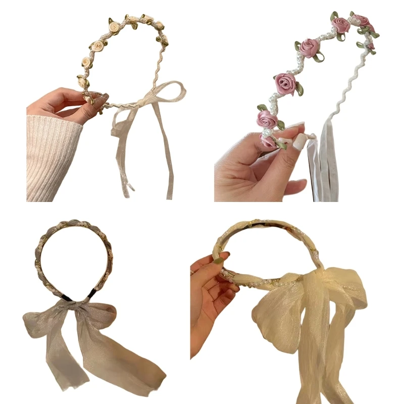 

Rose Flower Pearl Headband with Ribbon Rose Headband Pearl Hairband Wedding Headband Bridal Headband Bridal Hairband