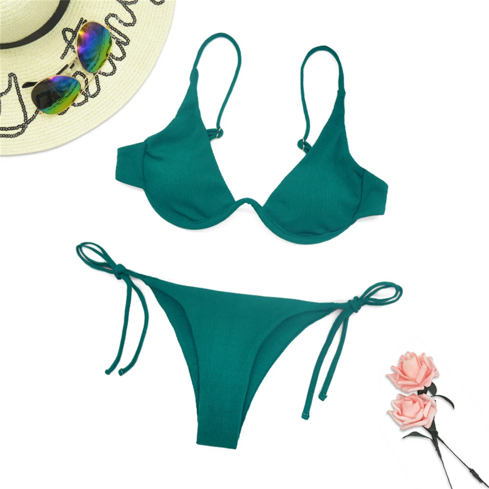 

2022 New Underwire Bikinis Set for Women Strapless Beach Swimsuits 2 Piece Woman Bathing Suit Solid Green Ladies Summer Biquini