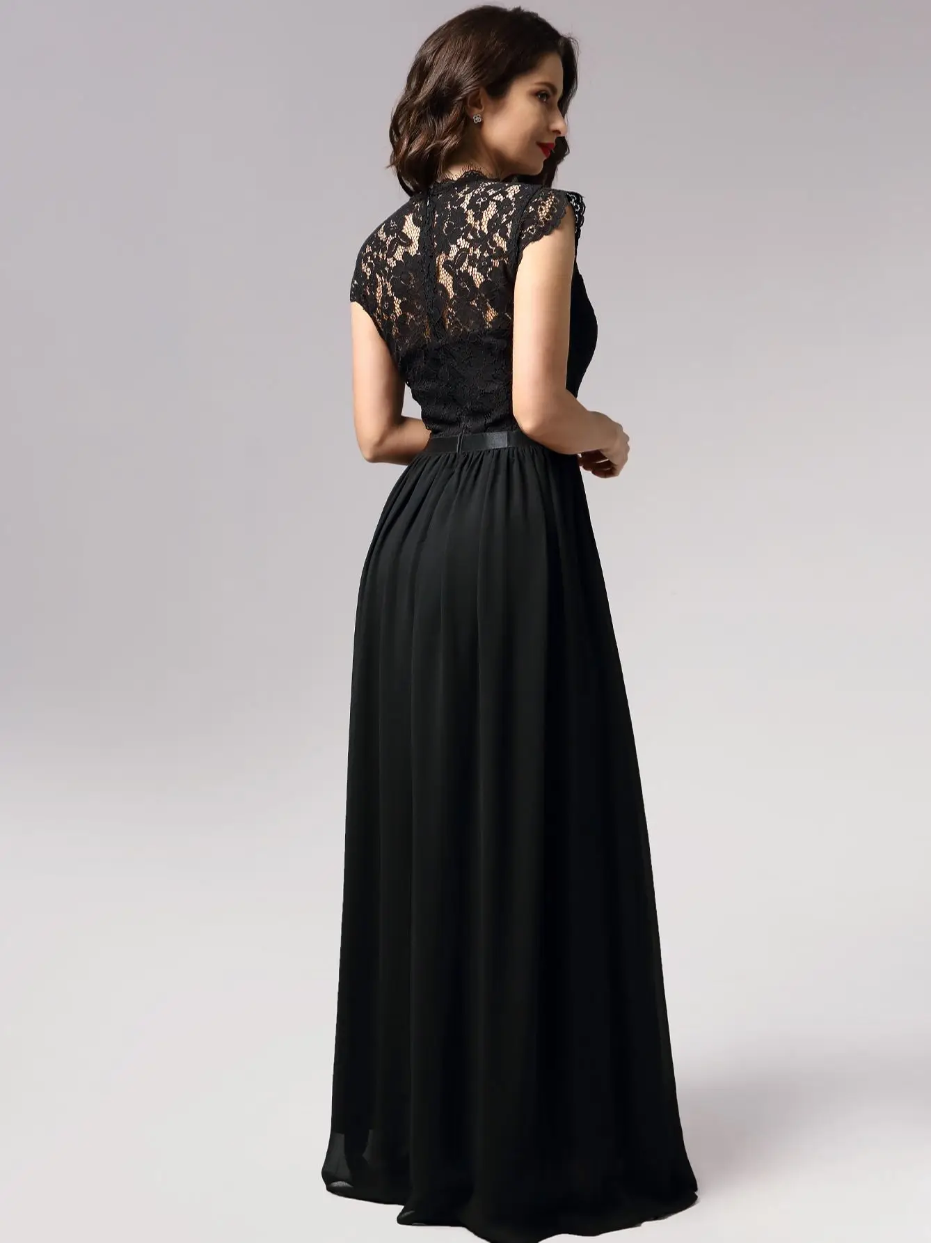 Miusol Women’s Evening Party Maxi Dress Floral Lace Bodice Elegant Formal Dresses Sleeveless Ribbon Waist Chiffon Long Dress