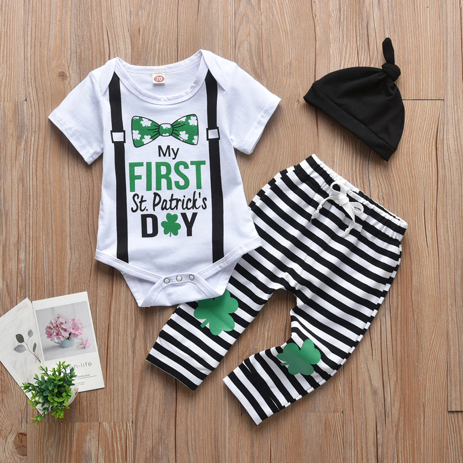 

Baby Boy First St.Patrick Clothes Bow Tie Print Newborn Baby Boy Clothes Set Short Sleeve Bodysuit Pants And Hat Baby Boy Outfit