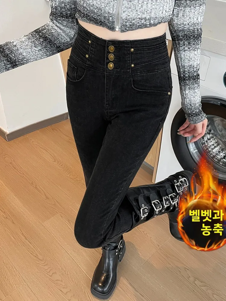 Джинсы больших размеров в стиле ретро на флисовой подкладке женские