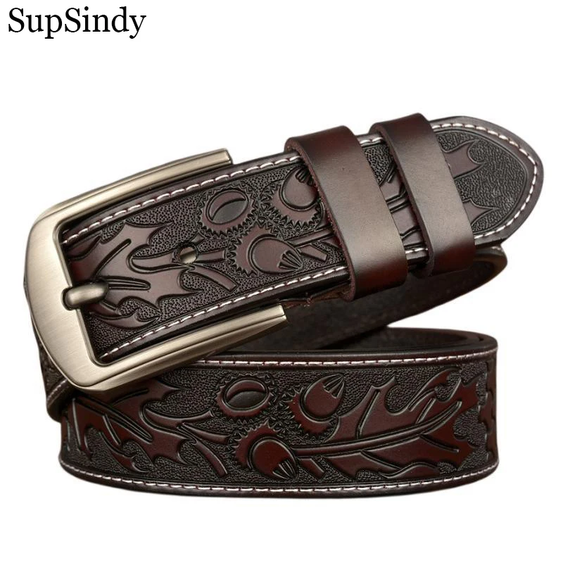 SupSindy Men Genuine Leather Belt Luxury Design Floral Pattern Metal Pin Buckle Cowhide Belts for Men Jeans Waistband Male Strap