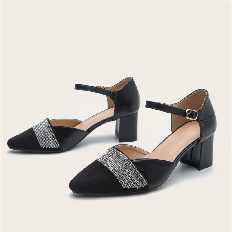 

Women's shoes 2022 New summer all-match hollow black thick-heeled medium-heeled rhinestone pointed pumps women's