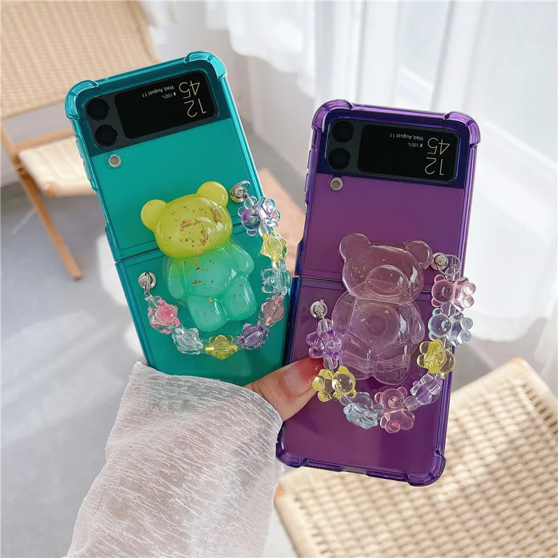 Корейский чехол-подставка с милым медведем и цепочкой для телефона Samsung Galaxy Z Flip 3 4