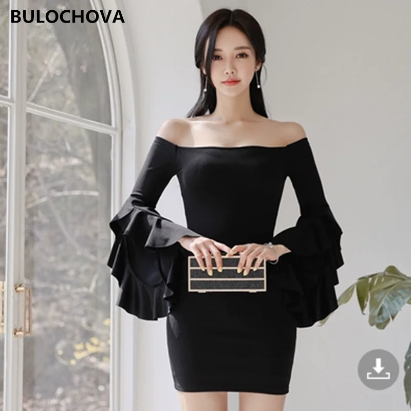 

Женское платье-миди с открытыми плечами BULOCHOVA, черное облегающее платье с вырезом-лодочкой, облегающее платье с запахом на бедрах в Корейско...