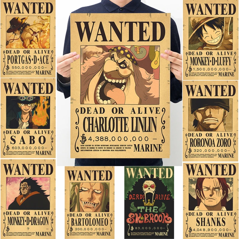 

Anime One Piece Wanted Posters Luffy Zoro Living Room Wall Decoration Action Figure Vintage Poster Paintings Stickers Gift Toys