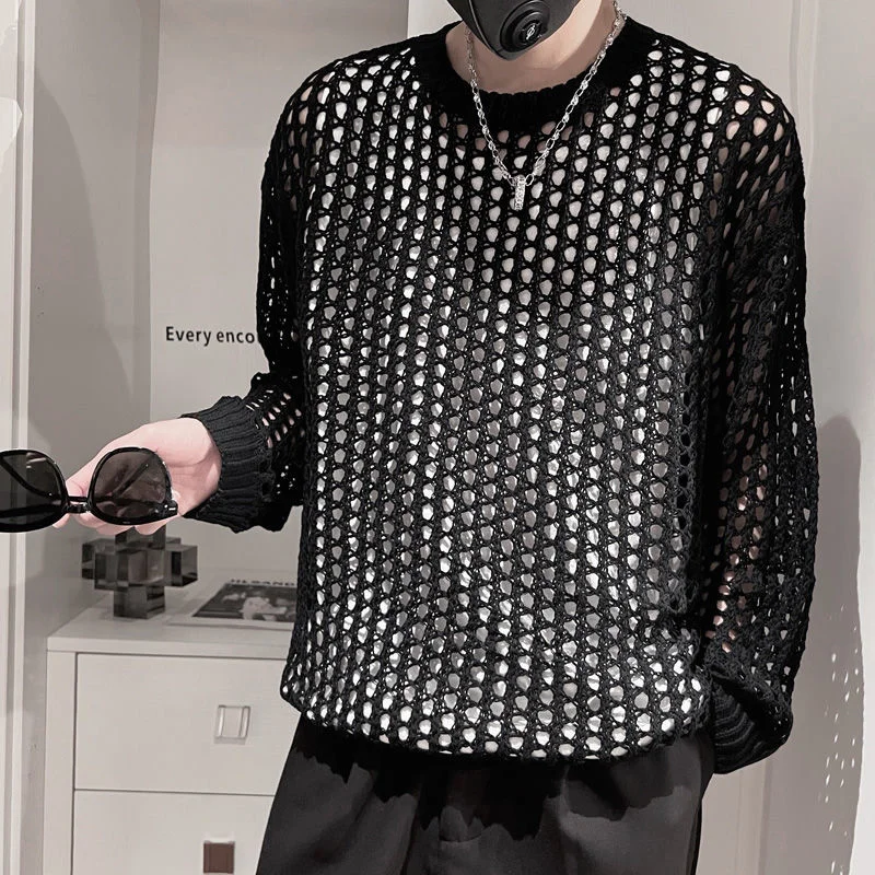 

Hollow Out Pullover Knitted Long Sleeve Sunscreen T Shirts Men Black Cool Airy Streetwear Play Nightclub Sexy Thin T Shirt Men