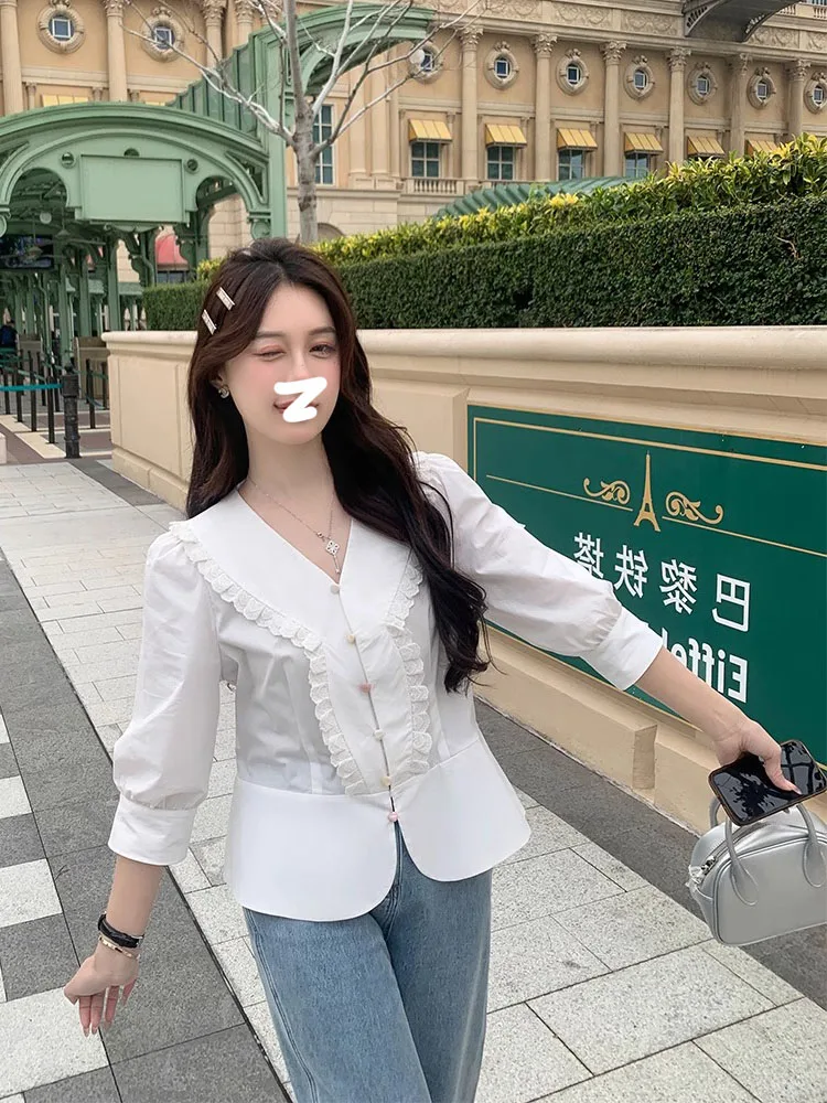 Элегантные модные белые рубашки с V-образным вырезом осенние женские пикантные