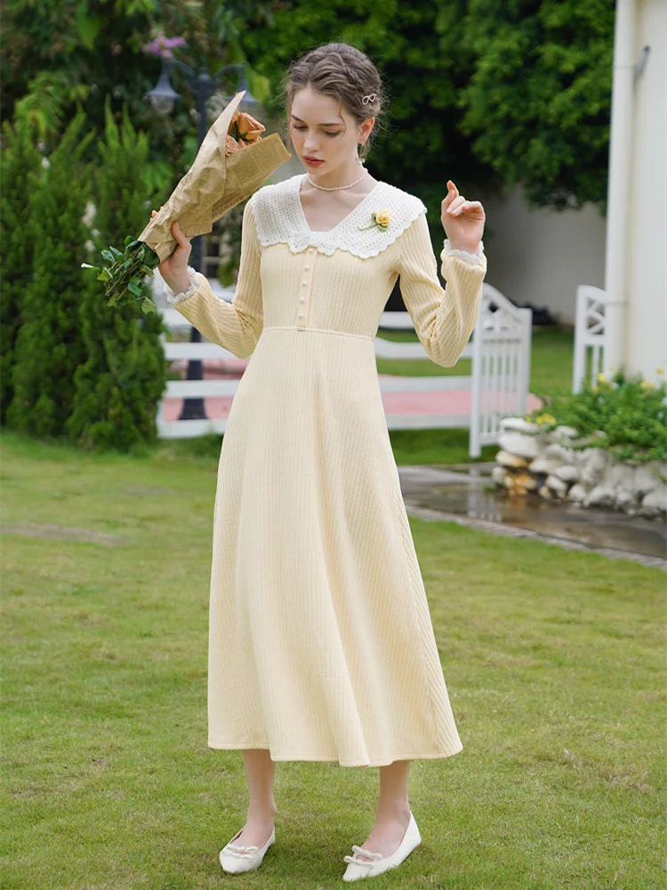 

Dress Fall For Women Vintage Elegant Slim Handmade Crochet V-Neck Long Sleeve Knitted Dress Korean Fashion Long Dress