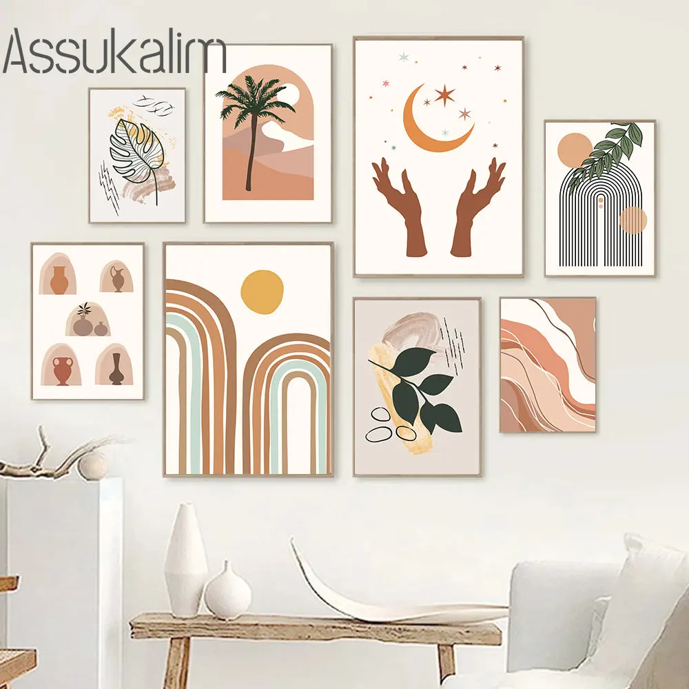 

Abstract Lines Canvas Poster Boho Wall Art Rainbow Geometric Print Pictures Leaves Wall Art Nordic Poster Living Bedroom Decor