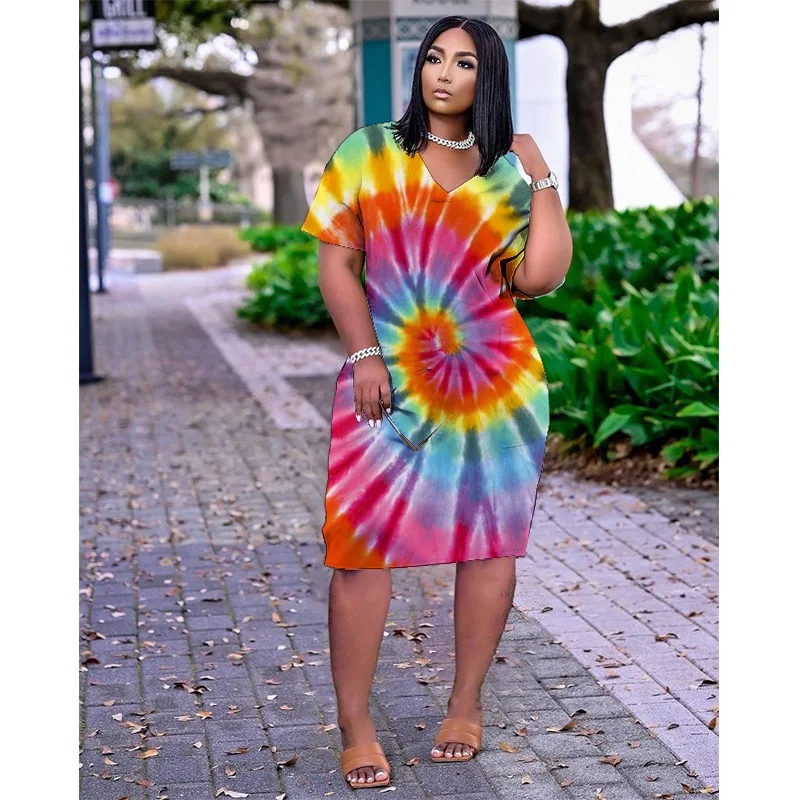 

Women Dresses Summer Fashion Boho Style V-Neck 3D Dark Abstract Print Kawaii Women Slim Pocket Midriff Loose Party Dress