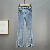 elastic jeans for women bell bottom pants spring new high waist hot rhinestone beaded irregular slit bootcut trousers blue jean