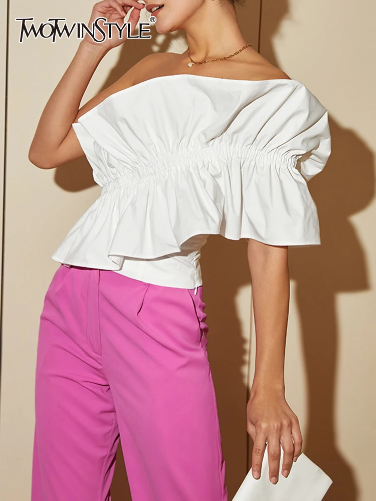 

TWOTWINSTYLE Slim Shirts For Women Skew Collar Butterfly Sleeve Backless Irregular Ruched Solid Sexy Blouse Summer 2022 Fashion