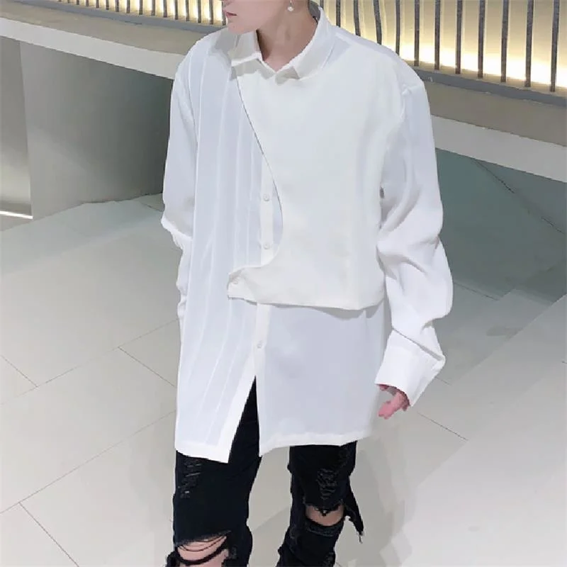 Men's Spring And Summer New Korean Loose Sleeve Shirt Youth Fashion Solid Color Medium Long Fake Two Casual Shirts