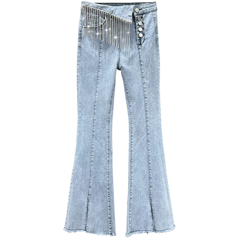 Women's Fashion Jeans 2022 New Summer Elastic High Waist Slim Skinny Denim Trousers Streetwear Diamond Tassel Jean Flare Pants