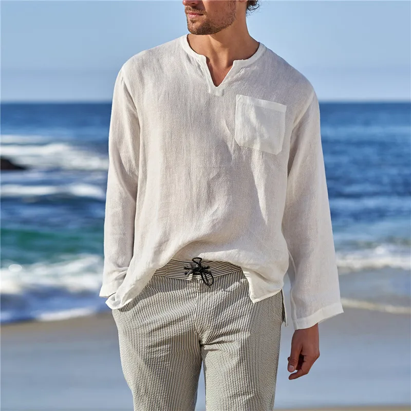 

Top Selling Product In 2022 Summer New Men's Cotton Linen T-shirt Short-sleeved Casual Solid Color Top Men's Clothing