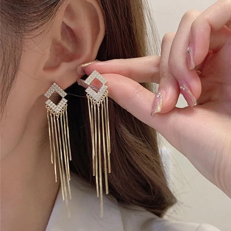 

New in Exquisite Long Gold Tassel CZ Earrings for Women S925 Silver Needle Cubic Zirconia Party Wedding Jewelry Gift