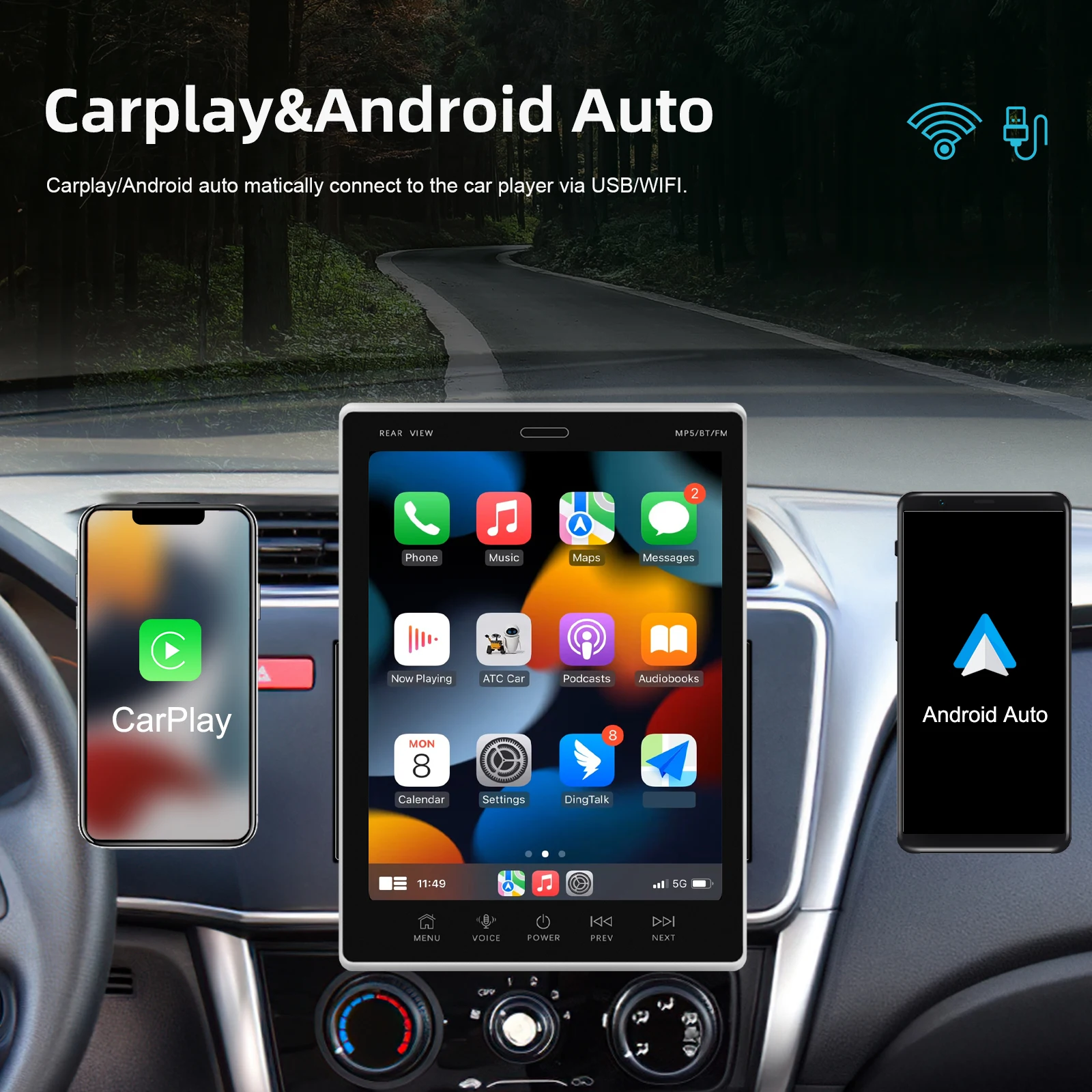 Podofo 2 Din Android 11 CarPlay Автомобильное радио 9.5&#x27&#x27 Вертикальный экран аудио-стереосистемы для автомобилей в стиле Tesla Авторадио Мультимедийный видеоплеер