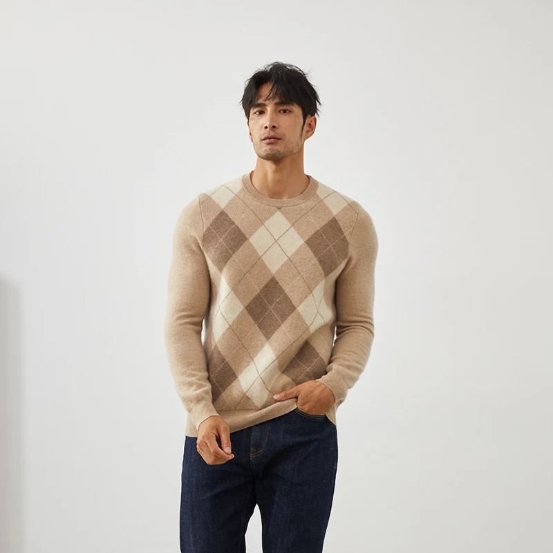 Checkered Panel Contrast 100% Cashmere Men's O-Neck Pullover Casual Business Warm Top Autumn and Winter New Knitted Bottom Shirt