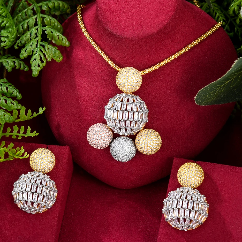 

Jimbora Luxury 2PCS Disco Ball Pendant Necklace Earrings Jewelry Set Super Original Accessories for Women Bridal New Design