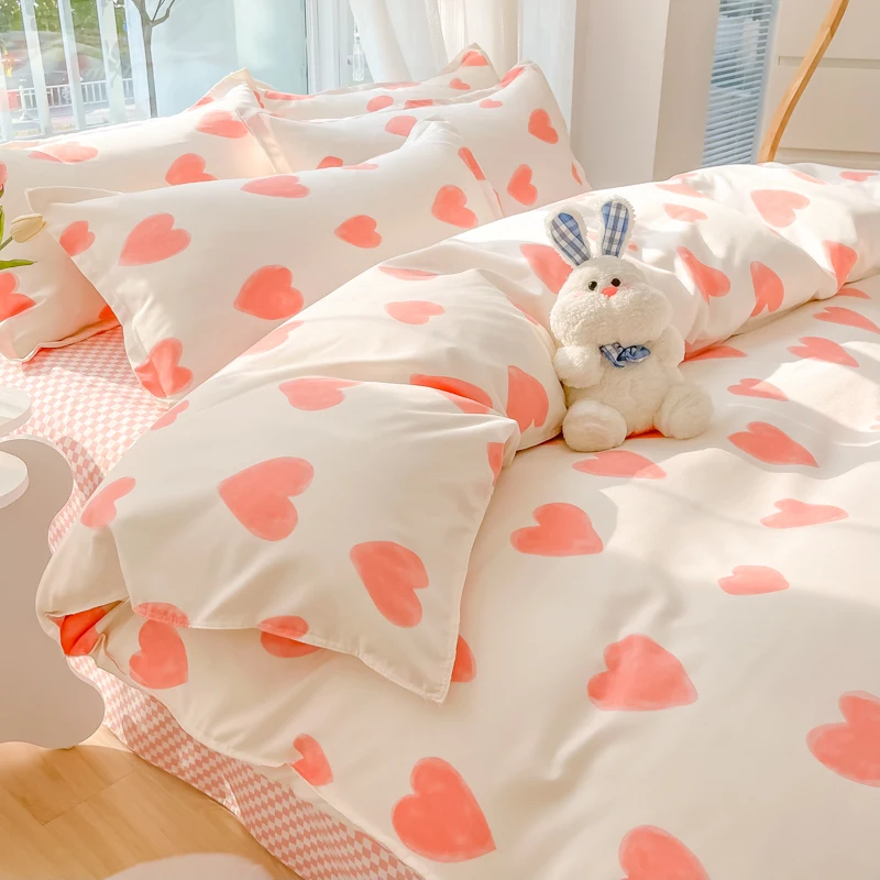 Kawaii Bedding Set Quilt Cover Flat Sheet Pillowcase Kids Girls Boys Queen Bedroom Comforter Set Painted Single Double Bed Linen
