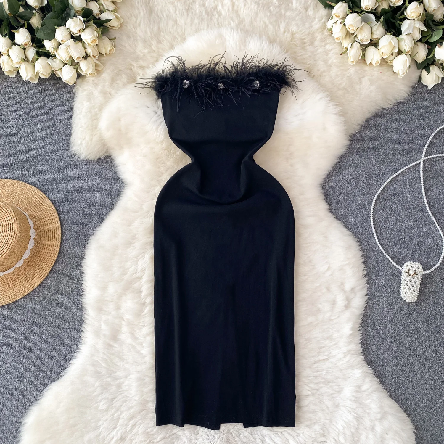 

Sexy Strapless Feather Patchwork Dress Fashion Hip Wrap Dress Elegant Club Vestido Summer Women Backless Ceremonial Dress