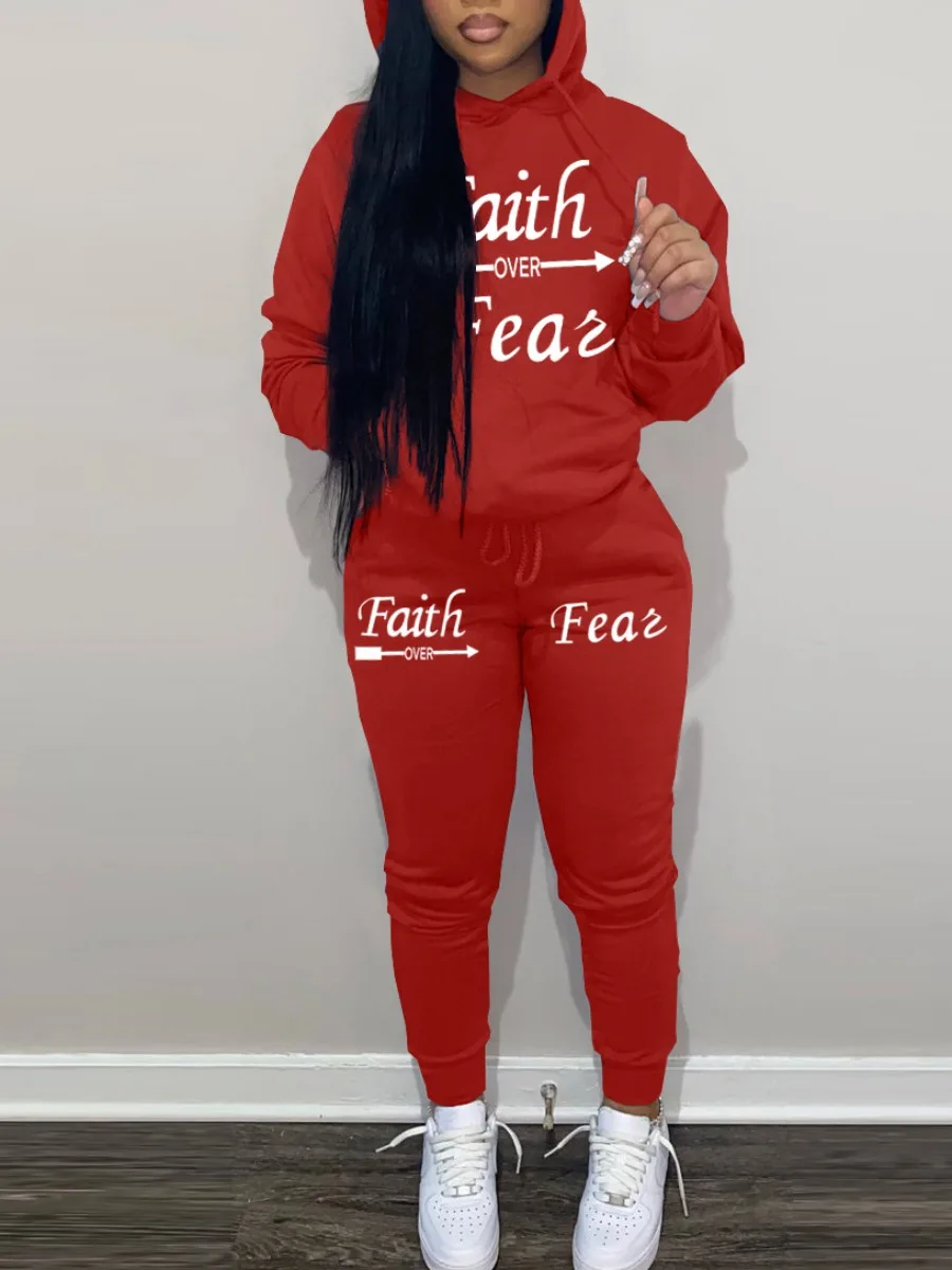 

LW Hoodies Sporty Two Piece Faith Over Fear Women Letter Print Sweatshirt And Skinny Pants Autumn Winter Tracksuit Set