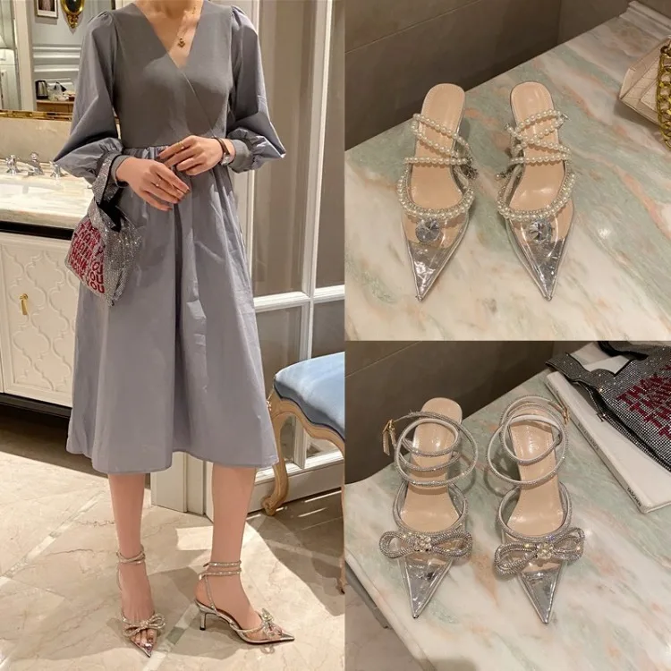 

Women Sandals Cute Shoe Spring Summer 2021 New Fairy Transparent Pearl Sandals Pointed Bow Diamond Thin High Heeled Shoes Girl