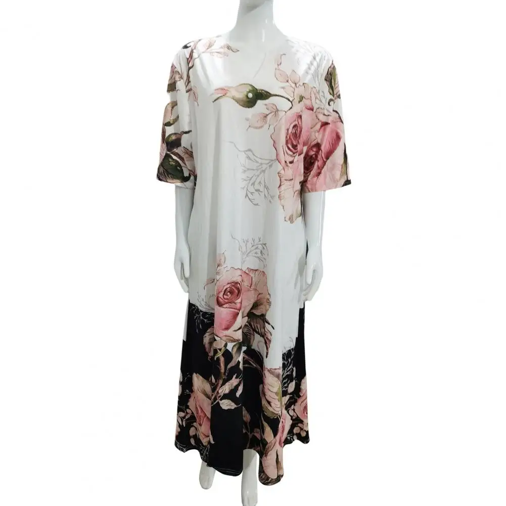 

Eye-Attractive Summer Dress Anti-pilling Half Sleeve Breathable Retro Floral Print A-Line Long Dress Midi Dress Versatile