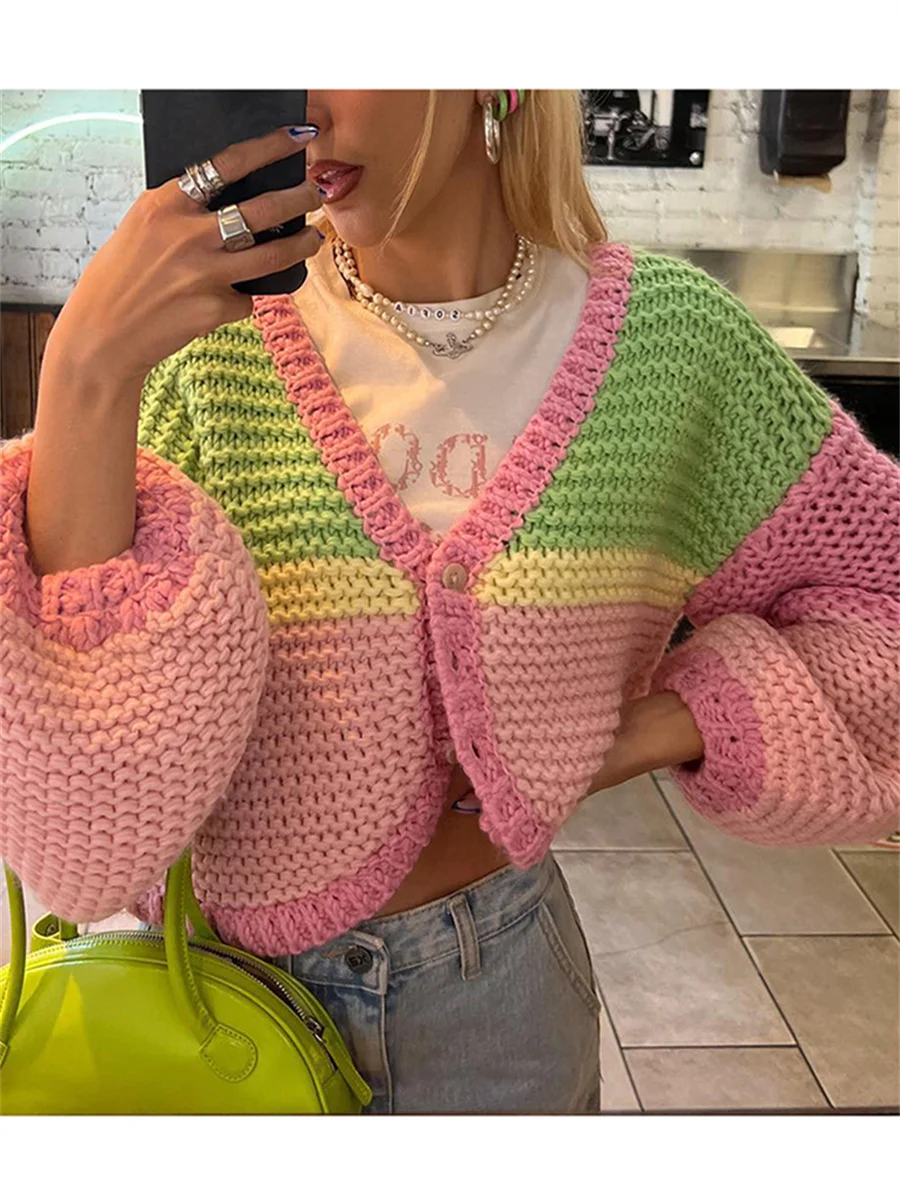 

wsevypo Vintage 90s Sweet Women Knit Cardigans Fall Winter Patchwork Lantern Long Sleeve V-Neck Button up Outwear Warm Coats