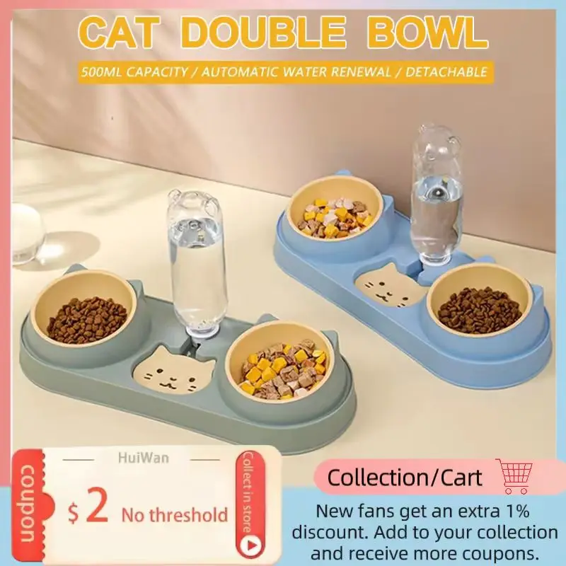 

New Double Dog Cat Bowls with Water Dispenser Tilted Cat Food Dishes for Indoor Pet Easily Detached Wet and Dry Food Bowl Set