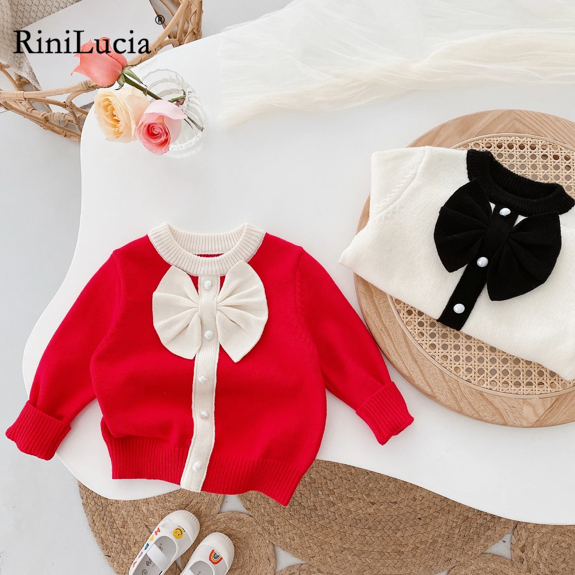 

RiniLucia Children's Clothing O neck Knitting Bow Cardigan Baby Girl Jacket Knitted Very Soft Kawaii Kid Spring Cute Sweater
