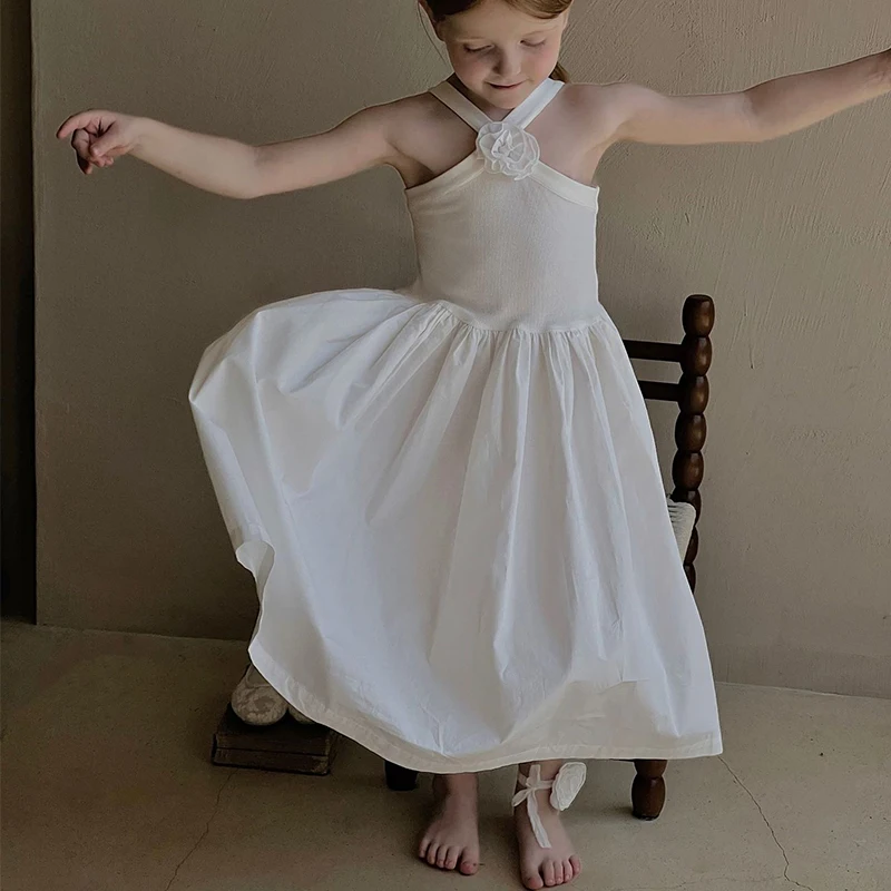 

Baby Girls Sleeveless Halter Long Dress With Flower Decor Elegant Vest Dress Children Clothes For Summer Kids Clothing