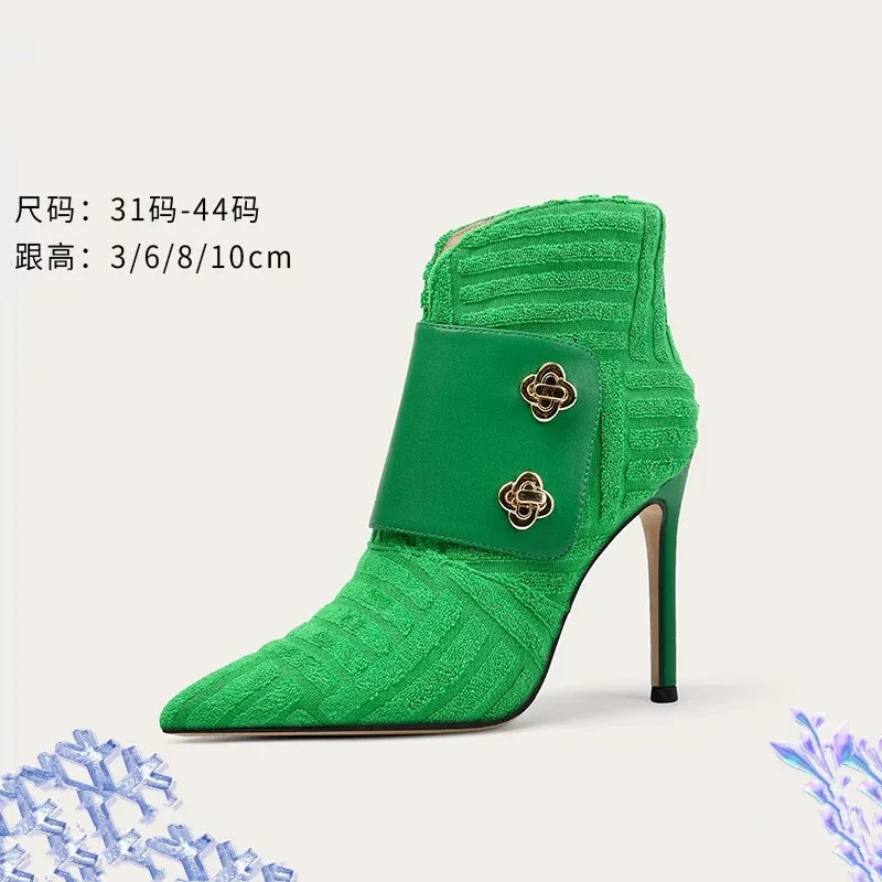 

Autumn and Winter New Green Plush Pointed Short Boots Banquet Dress Large Small Small Tall Heel Plush Warm Women's Boots