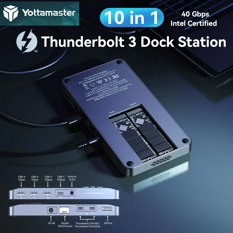 Yottamaster MS5 Thunderbolt 3 Docking Station USB 3.1 40Gbps 8TB for SATA&NVME SSD/LAN Connect/USB HUB/Intel Certified TB3 PD3.0