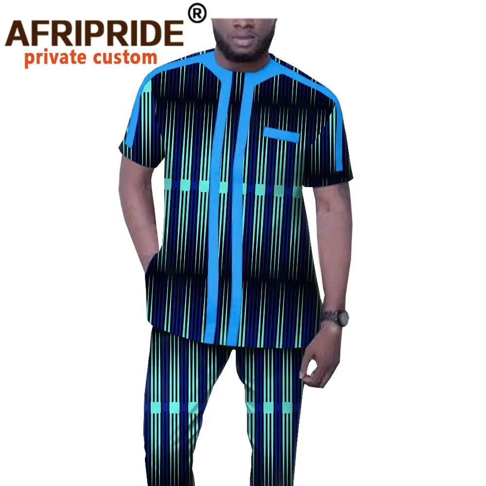 African Clothing for Men Short Sleeve Dashiki Tops and Pants 2 Piece Set Suit Ankara Clothes Wax Attire AFRIPRIDE A1916045