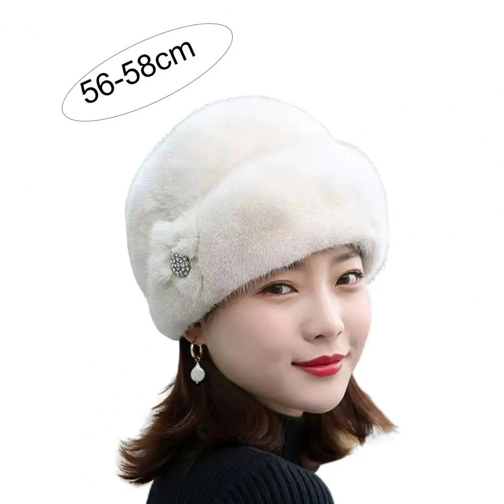 

Winter Hat Russian Faux Rabbit Fur Flower Decor Thickened Luxury Keep Warm Solid Color Autumn Winter Thermal Middle-aged Women C