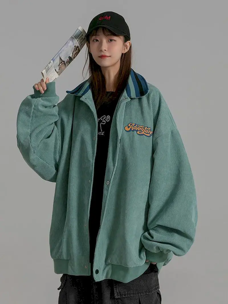 

Casual POLO Collar Jacket New Spring and Autumn Men and Women Couple Retro Loose Baseball Uniform Korean Letter Oversized Coat